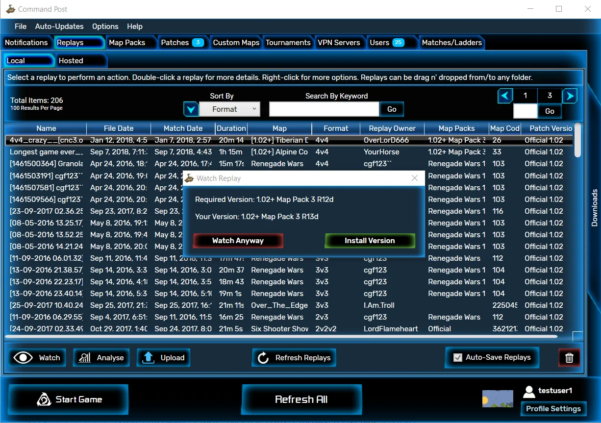 Browse all your saved replays with key details, including randomed factions